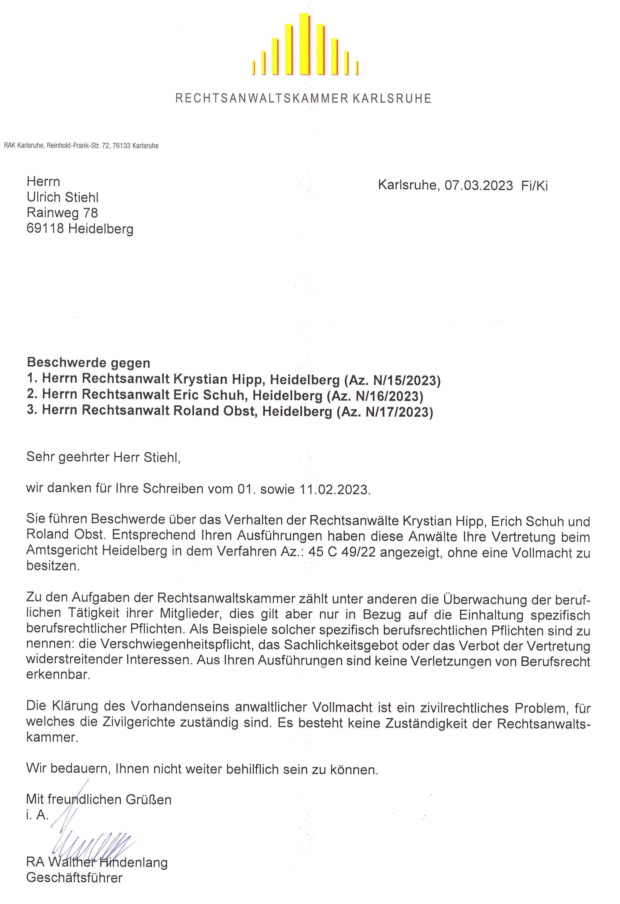 Schreiben der RAK Karlsruhe vom 07.03.2023