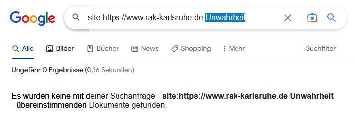 Google-Suche nach RAK Karlsruhe mit Suchwort Unwahrheit